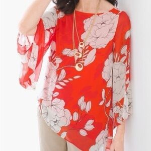 Chicos Asymmetrical flowy top. Red with white flowers. Size 12 (Chicos 2)